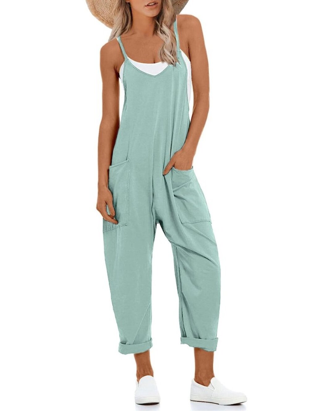 Women's Causal Jumpsuits V Neck Sleeveless Harem Overalls Stretchy Adjustable